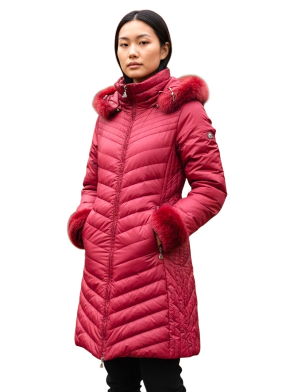 By Milano Donna Cherry Red Lightweight Puffer Faux Fur Cuff/Hood (M)